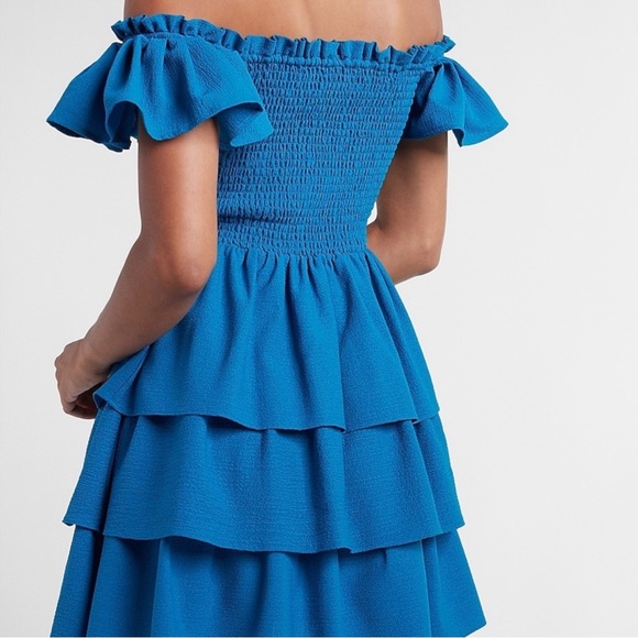 NWT Express Smocked Ruffle Off The Shoulder Dress- Size XS, Blue/Teal - Picture 11 of 11